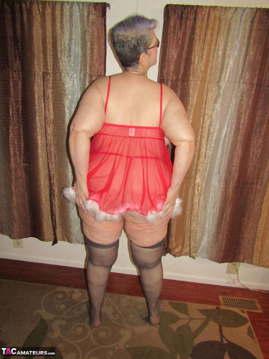 Fat Nan Bunny Gram Takes Off Sexy Lingerie And Thong Before Rolling Off Nylons