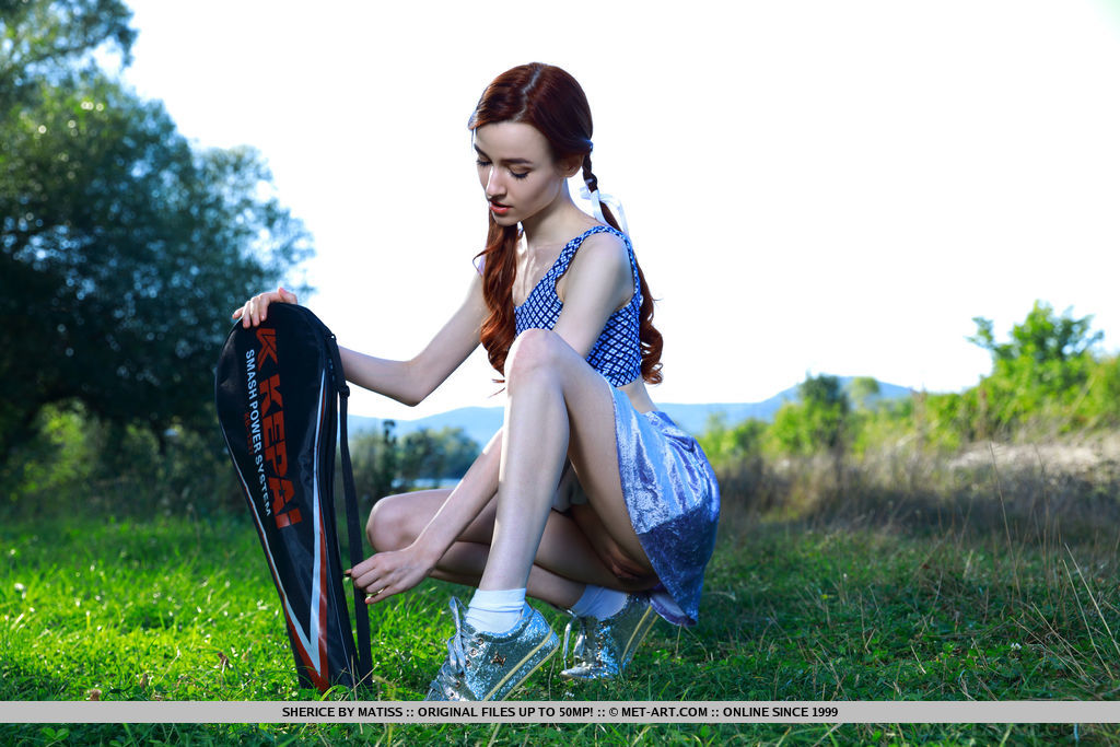 Young Redhead Sherice Pauses A Badminton Game To Show Her Tight Slit On Grass