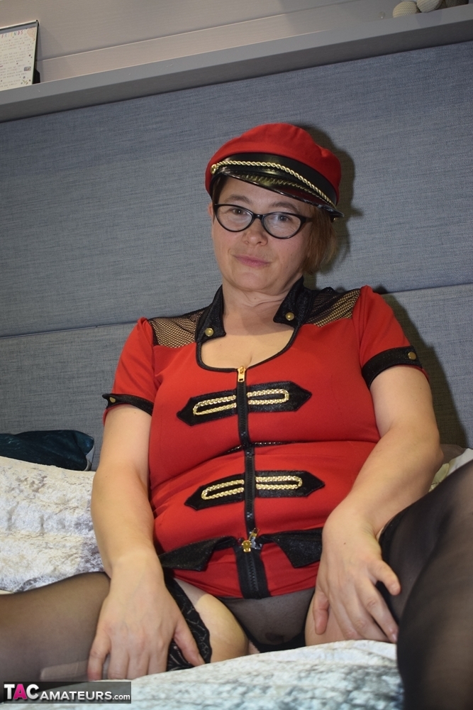 Older first timer looses her saggy breasts from her uniform on a bed porno fotky #423154180