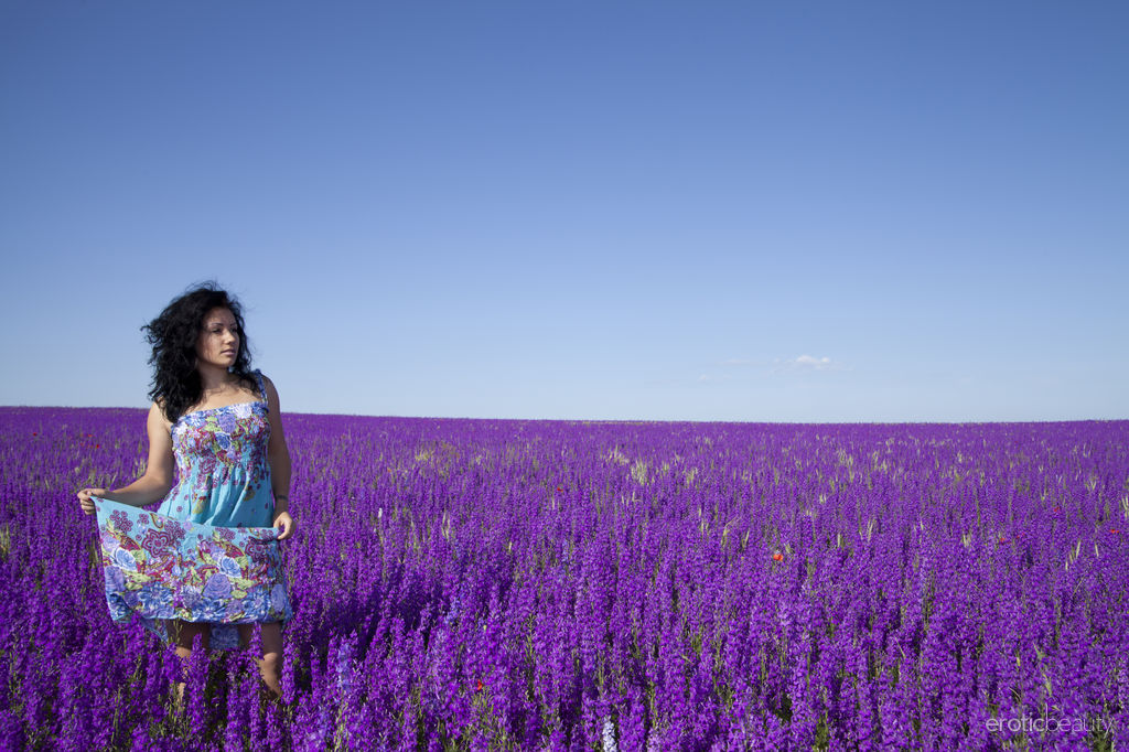 Curly haired Maliko looks stunningly dreamy on the field of lavender She slips Porno-Foto #425604466