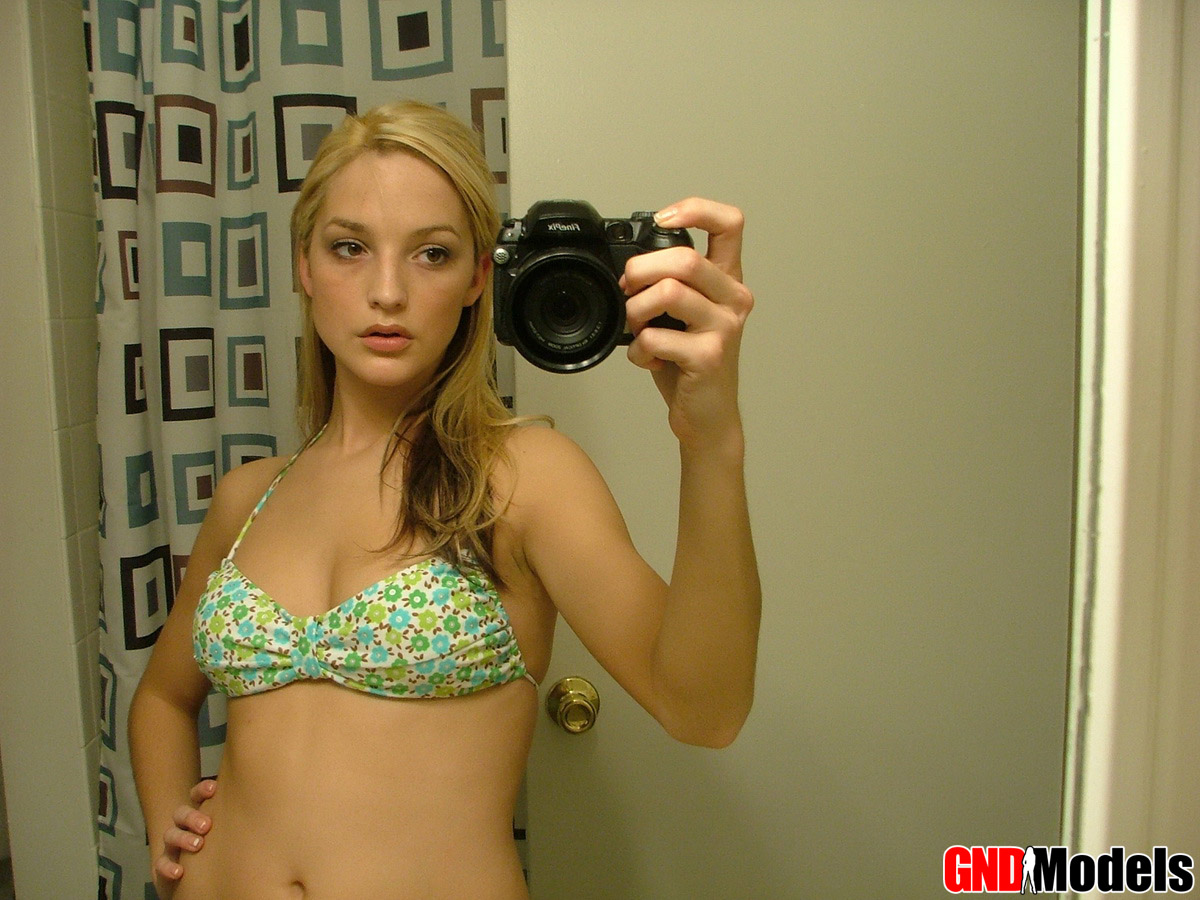 Blonde teen Marilyn takes mirror selfies while wearing a three-piece swimsuit porn photo #429043353