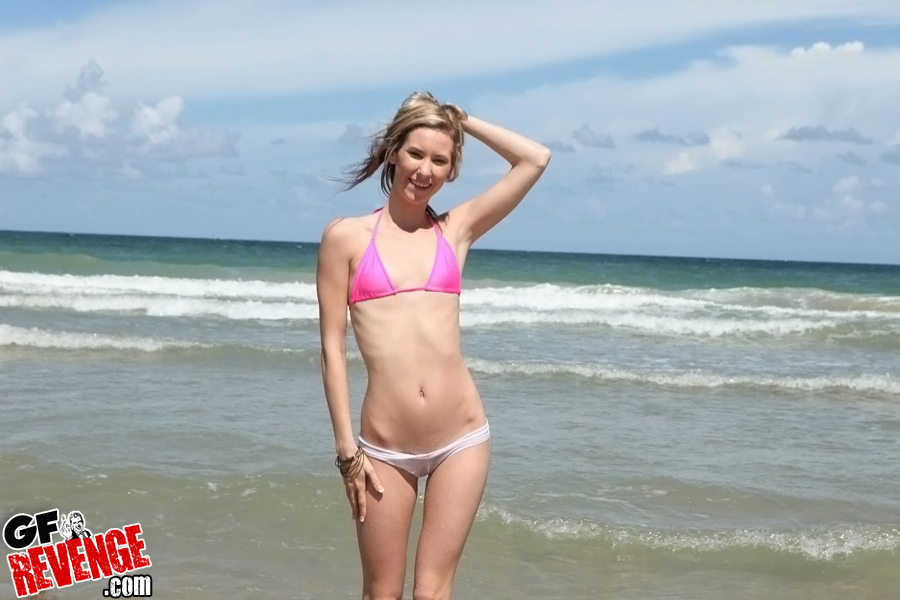 Skinny ex-girlfriend stripped of her bikini by her ex for pic