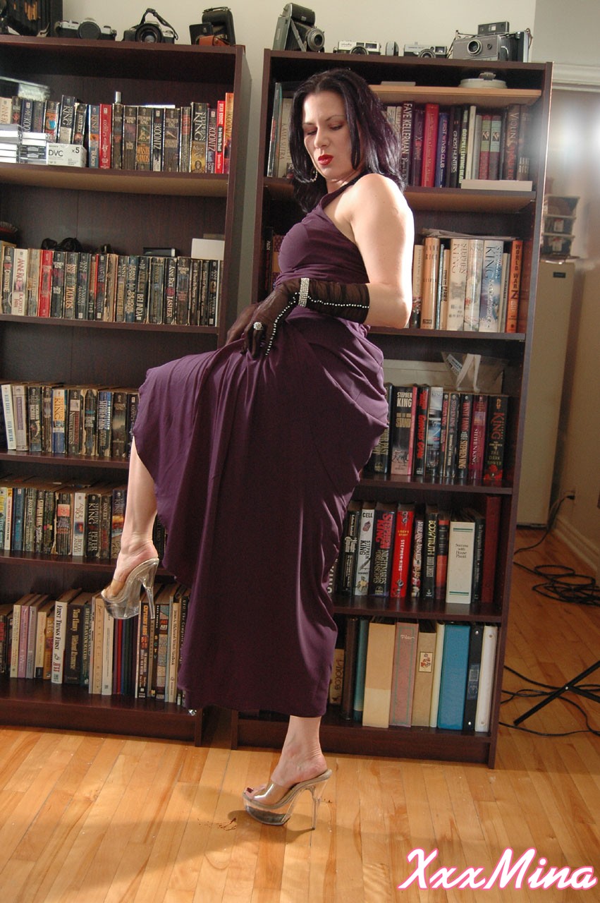 Amateur model Mina Gorey strips naked in gloves and heels afore a bookcase photo porno #427286187