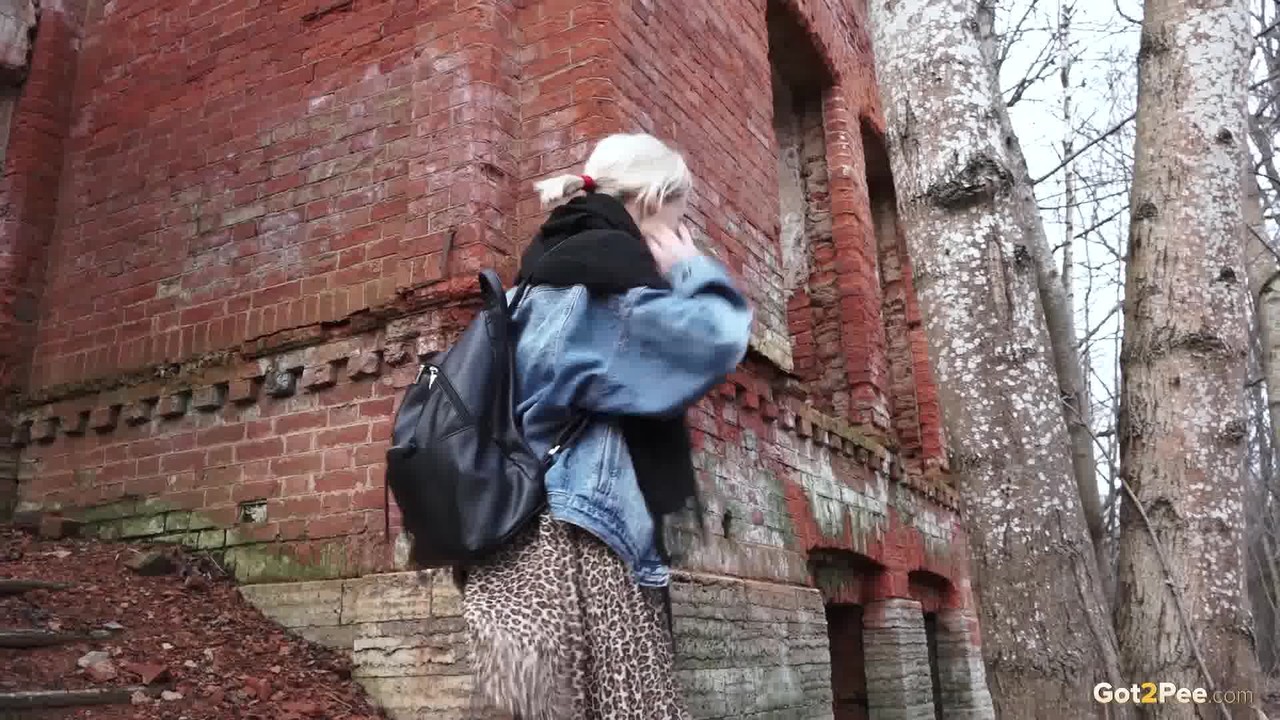 Pretty blonde Masha pulls down her tights for a piss by an abandoned building porn photo #427288115 | Got 2 Pee Pics, Masha, Public, mobile porn