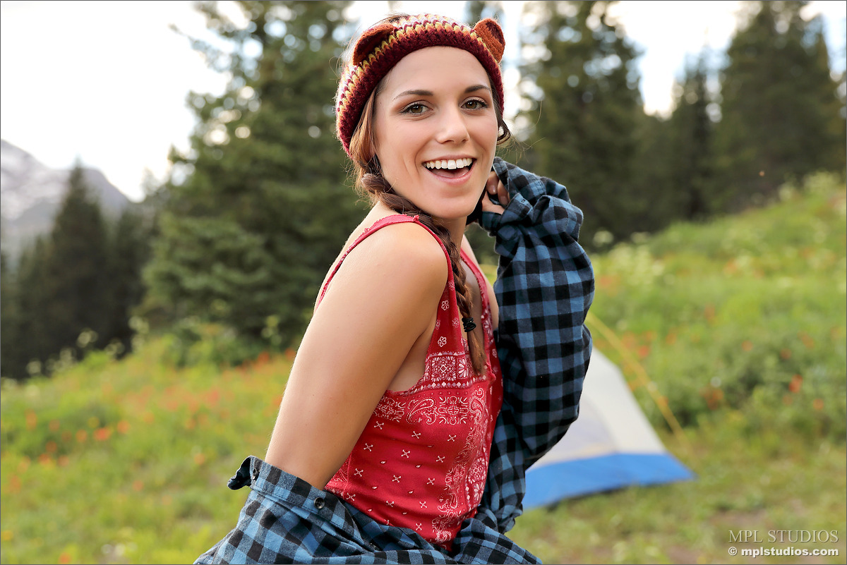 Glamour model gets naked in a toque while camping out in back country porn photo #423755754