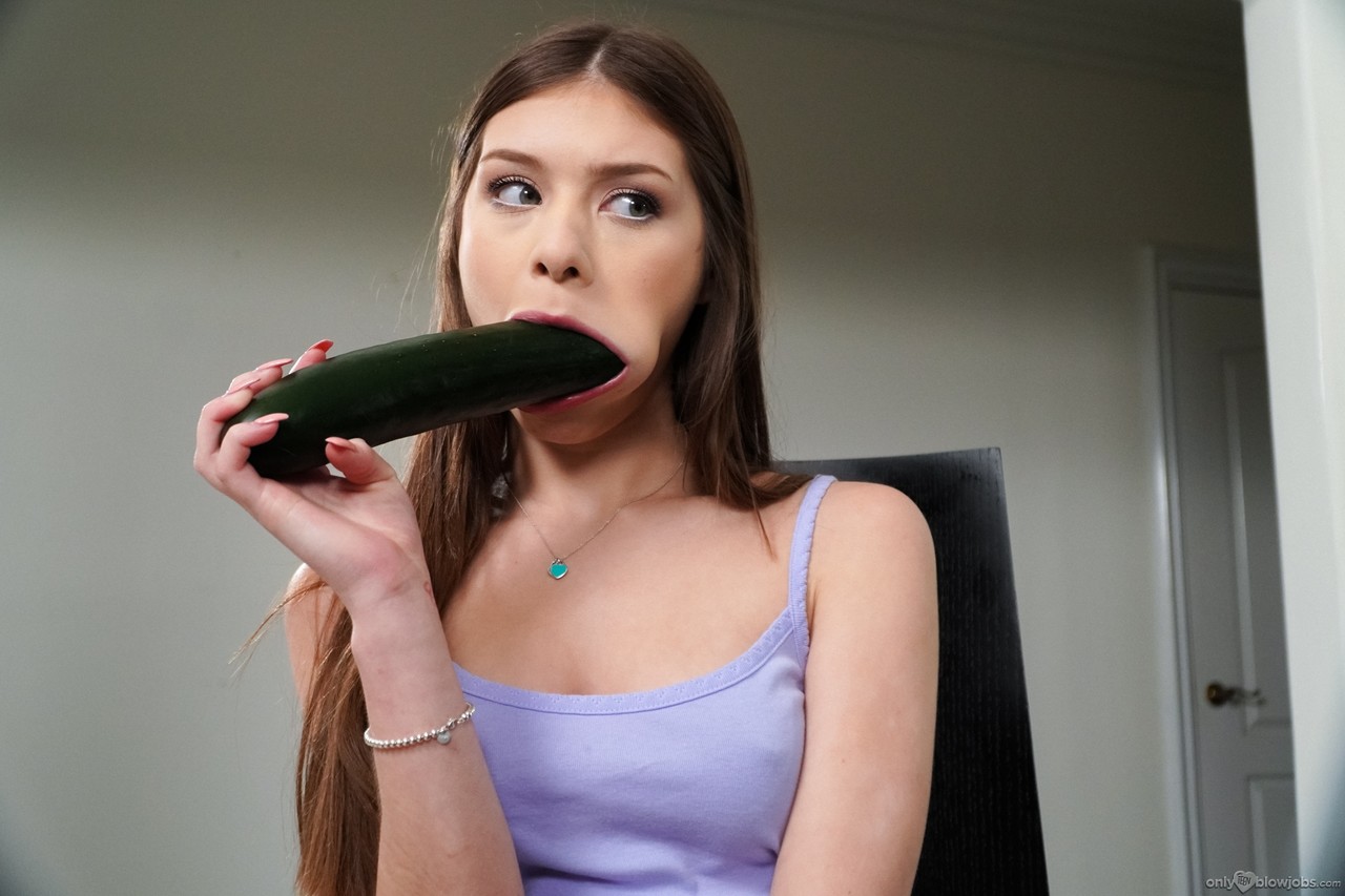 Sweet teen Winter Jade sucks on a cucumber before sucking off a penis porn photo #428198513