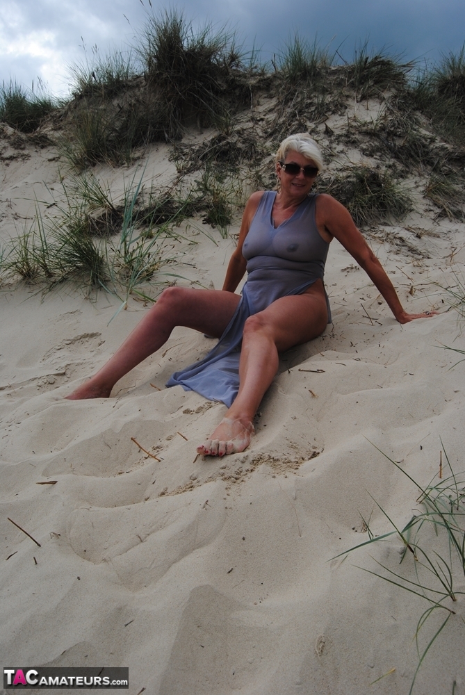 Mature platinum blonde Dimonty models at the beach in see through clothing ポルノ写真 #425316006