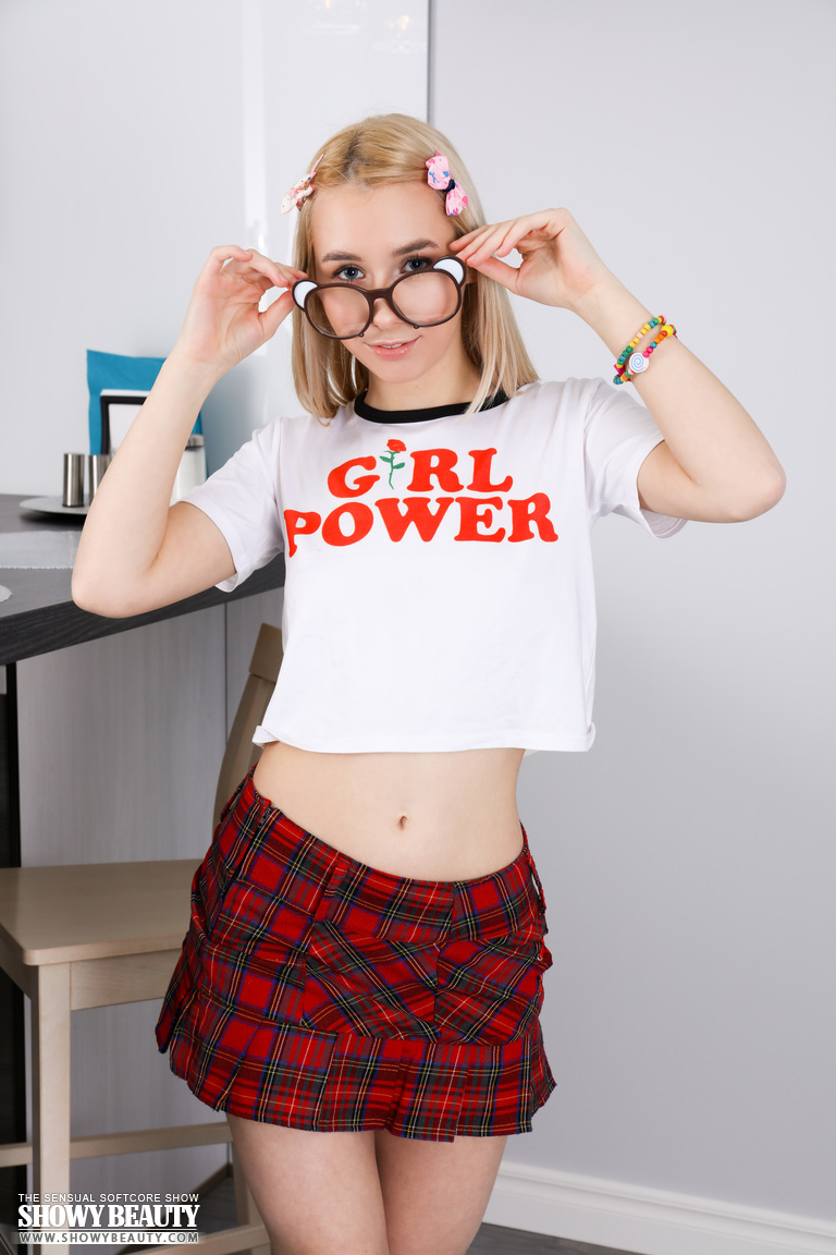 Young Blonde Maya Removes Her Glasses Before Getting Totally Naked