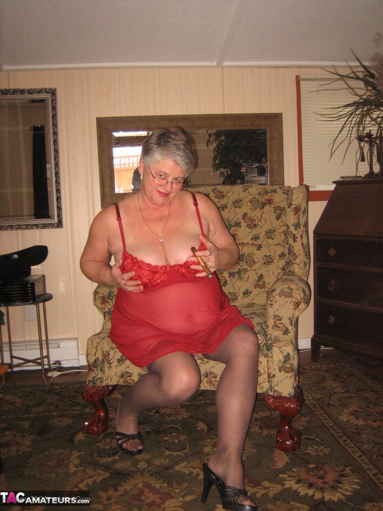 Old woman Girdle Goddess slips off red lingerie to get naked in stockings photo porno #428515651
