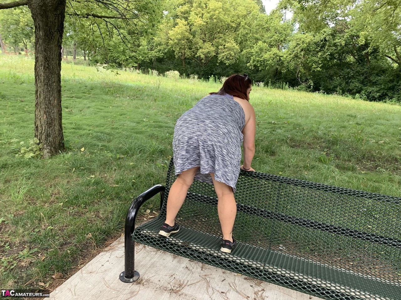 Mature BBW Sexy Nebbw exposes her big butt and snatch at a park.