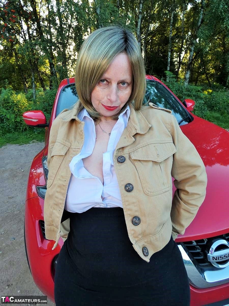 Mature amateur Posh Sophia bare her tits and twat after parking on a dirt road photo porno #428387644