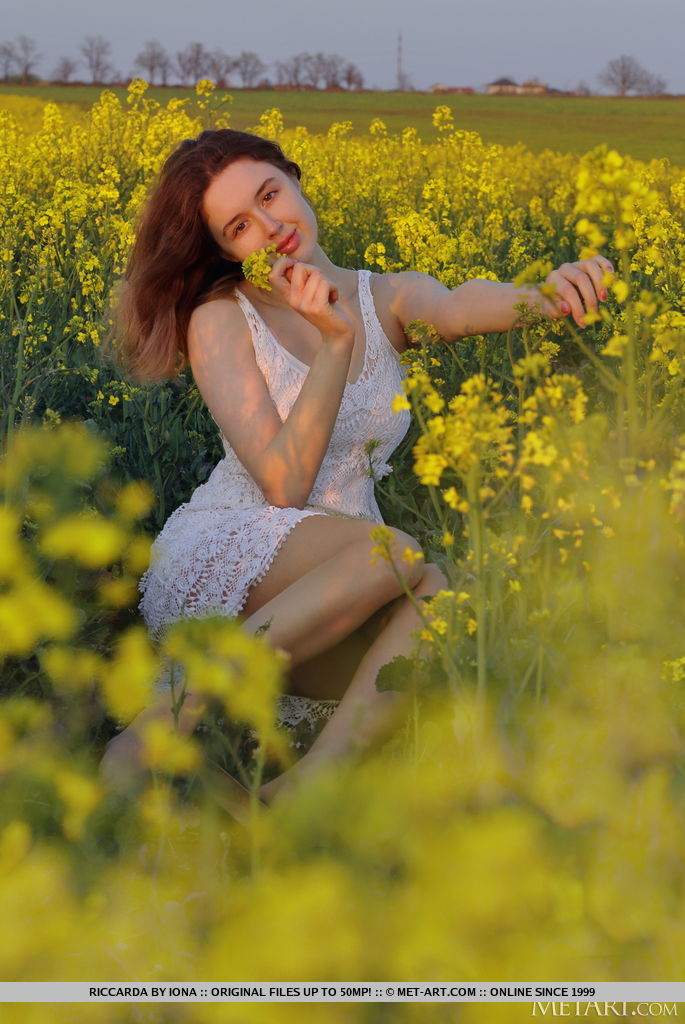 Young Redhead Riccarda Models In A Mustard Field Before Getting Naked