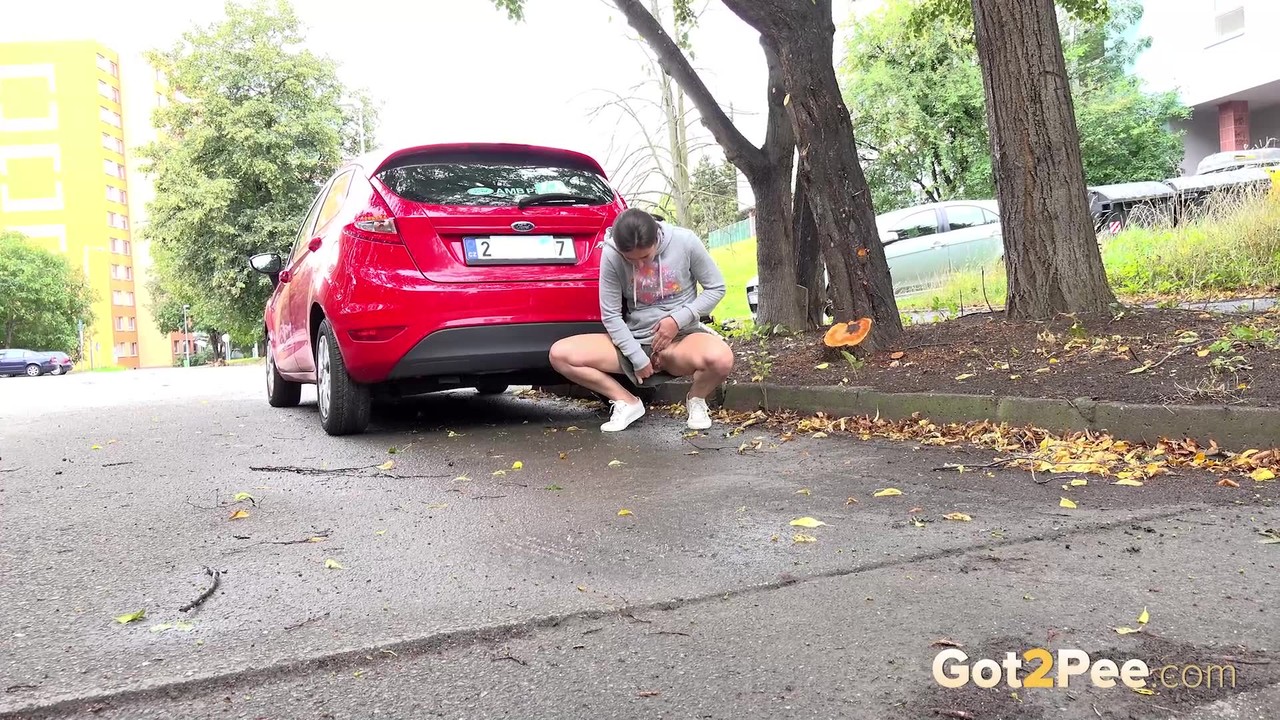 Short taken girl Lara Fox squats for a piss behind a vehicle on a road Porno-Foto #425305534