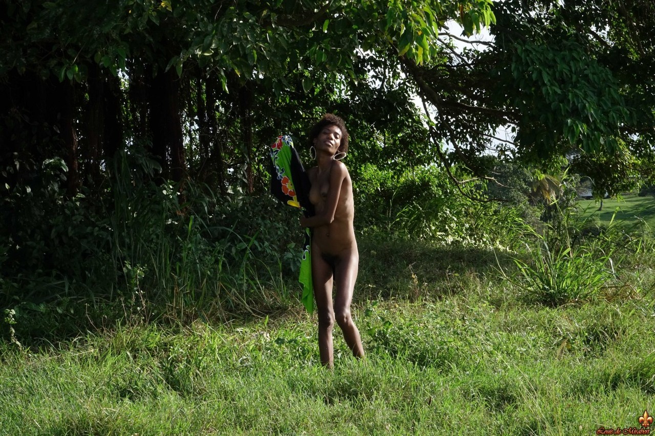 In front of an old cane mill invaded by a huge tree, the pretty black girl foto porno #427259774