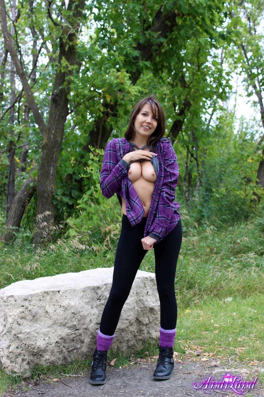 Young amateur Andi Land exposes her tight ass on a boulder near the woods foto porno #428680195