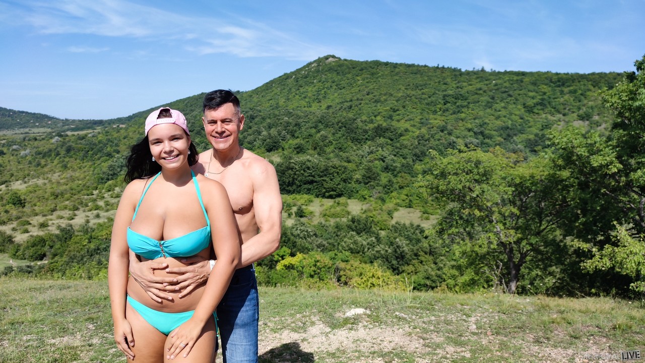 Chubby teen Sofia Lee frees her big natural tits from a bikini in the outdoors порно фото #424008794