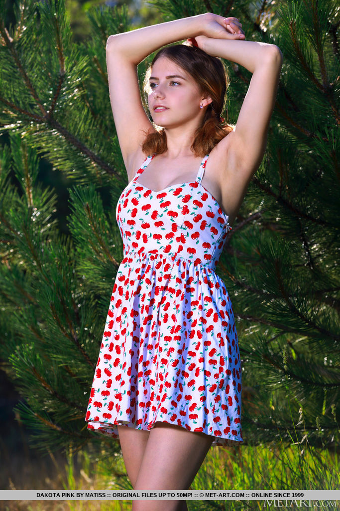 With her bald patches, young redhead Dakota Pink displays her full breasts.