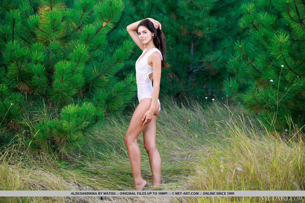 Young brunette Aleksandrina strikes great nude poses in front of fir trees photo porno #426742073