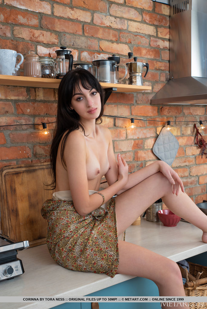Dark haired teen Corinna poses in the nude on a kitchen island porno fotoğrafı #428811300