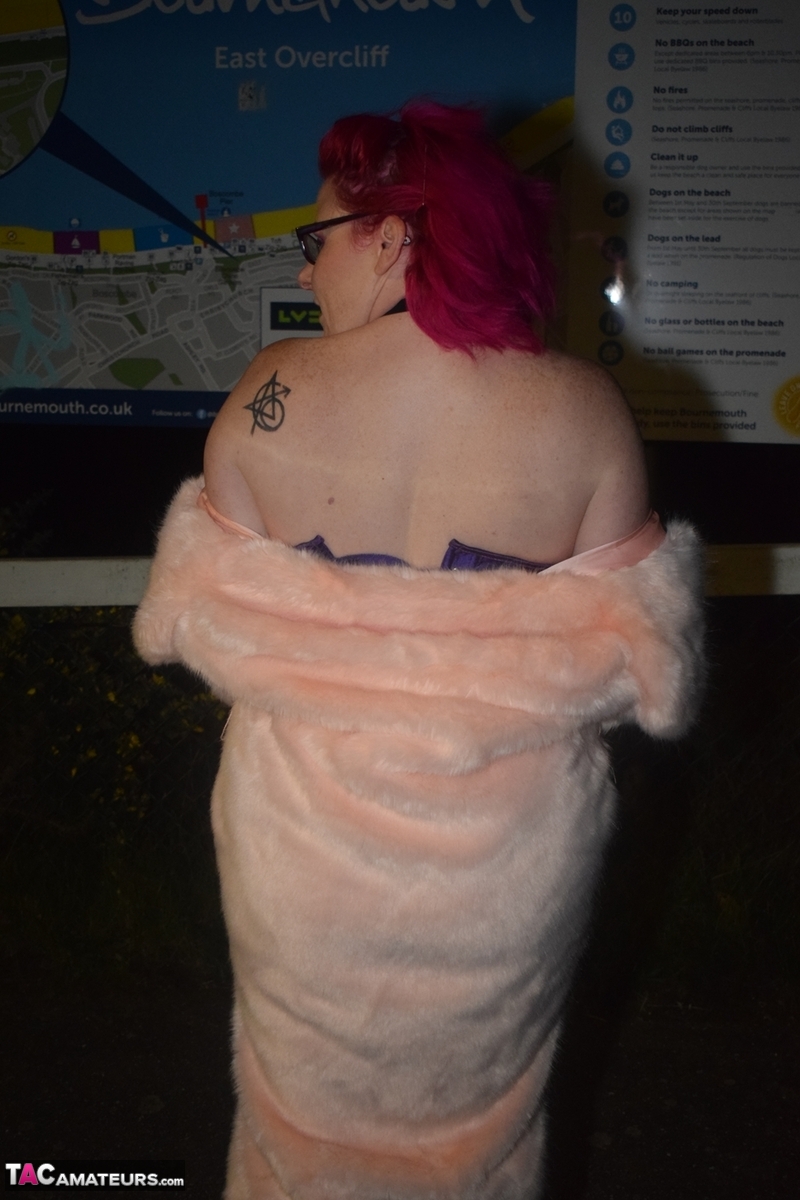 Redheaded amateur Mollie Foxxx flashes at night in a fur coat porn photo #428572560