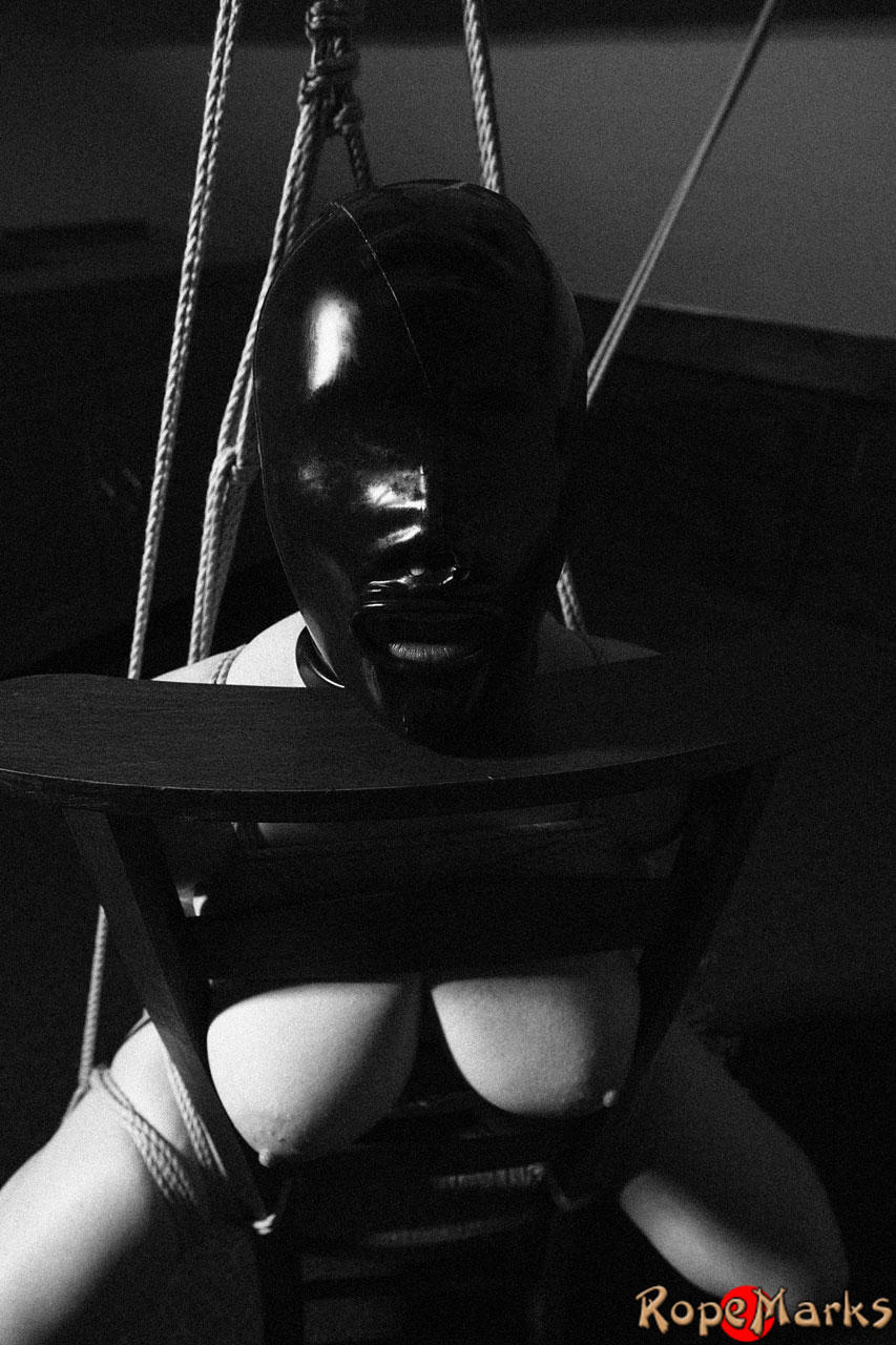 Hooded model Amely is tied and suspended by ropes in an attic setting porn photo #424921097