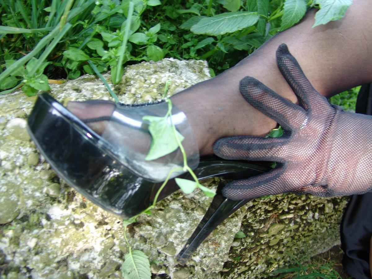 Goth woman Lady Angelina poses outdoors in sheer hosiery and gloves photo porno #429085492