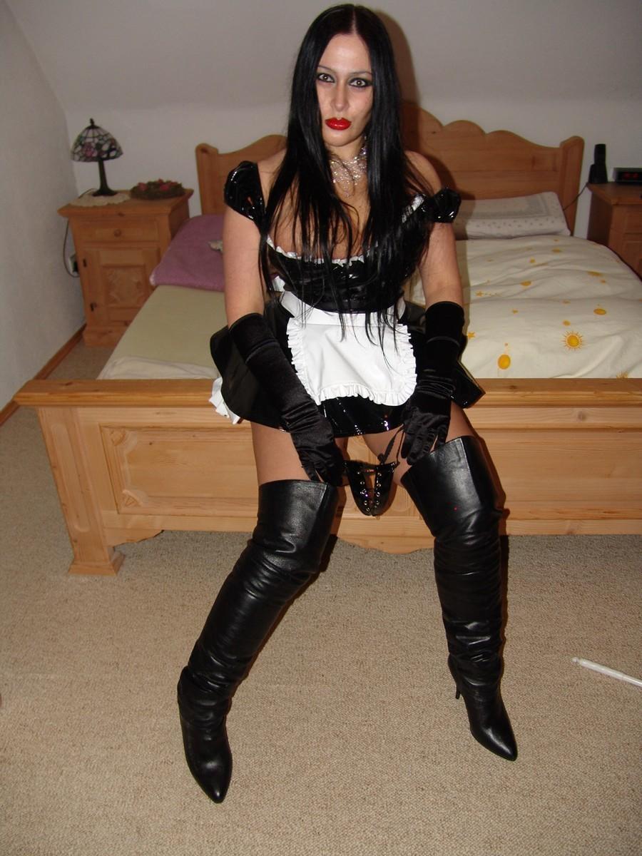 Goth woman Lady Angelina loses her big boobs from a latex outfit in boots photo porno #422746461