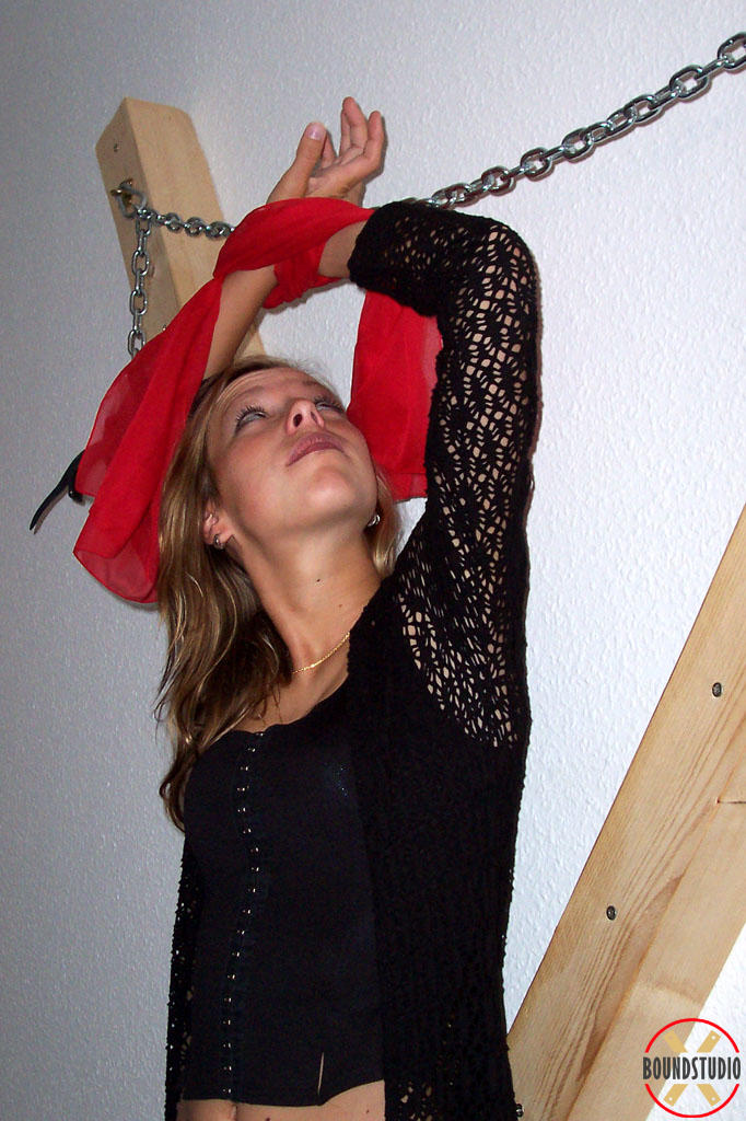 Clothed blonde Sweet Kathy is affixed to a St Andrew's Cross porn photo #429066023 | Bound Studio Pics, Sweet Kathy, Bondage, mobile porn