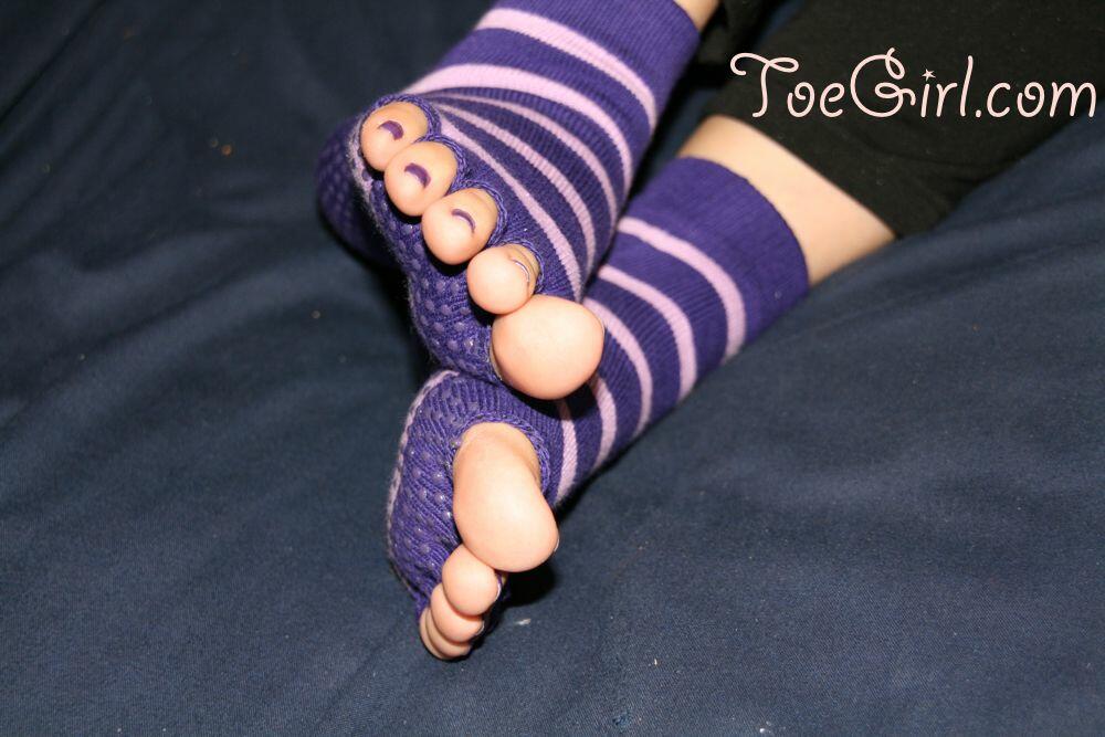 Caucasian female displays her painted toenails in toeless socks porn photo #426657093