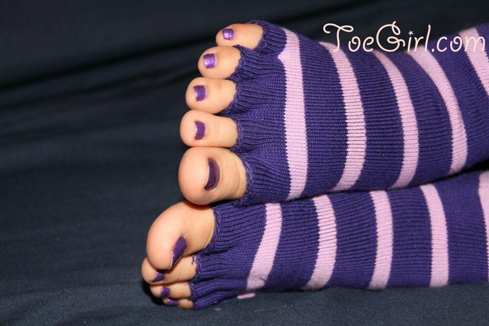 Caucasian female displays her painted toenails in toeless socks porn photo #425626450
