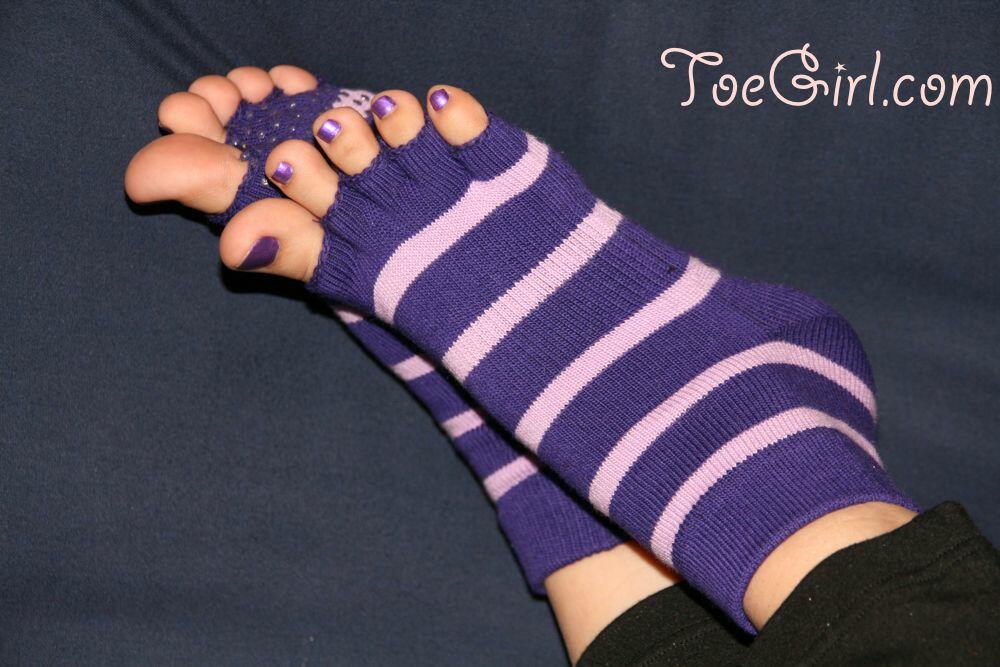 Caucasian female displays her painted toenails in toeless socks порно фото #426657154