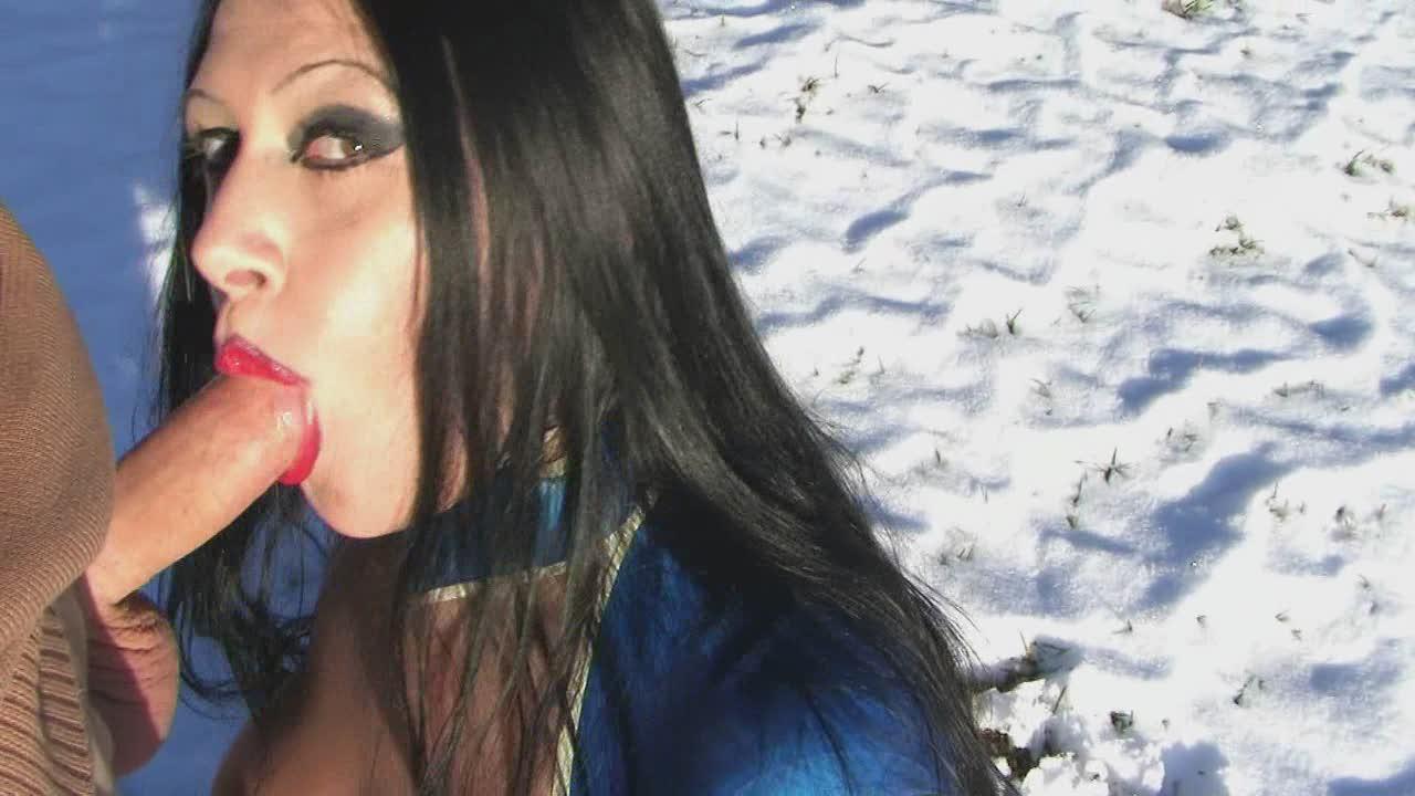 Big titted goth Lady Angelina sucks a big cock on snow-covered ground porn photo #426147227