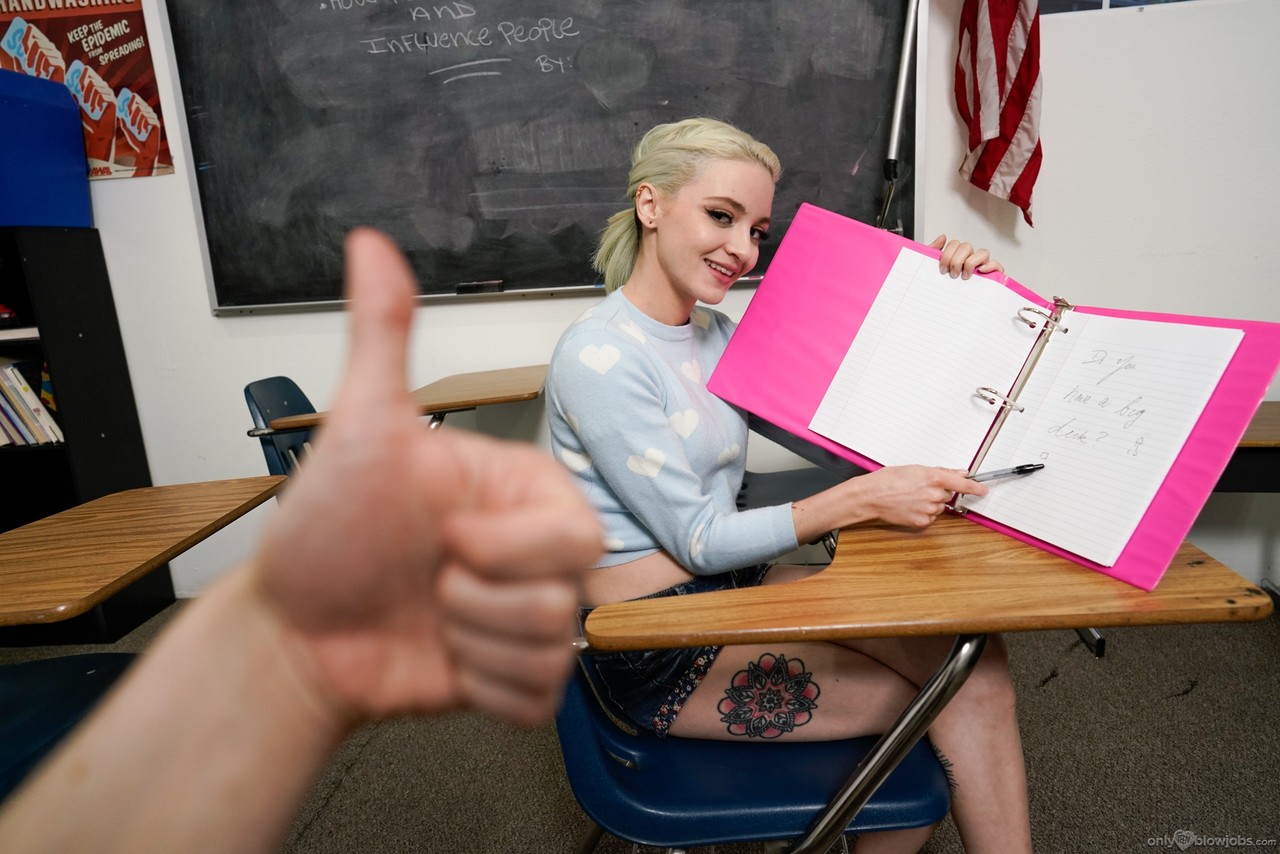Young blonde student gives her teacher a ball licking BJ in the classroom Porno-Foto #428410214