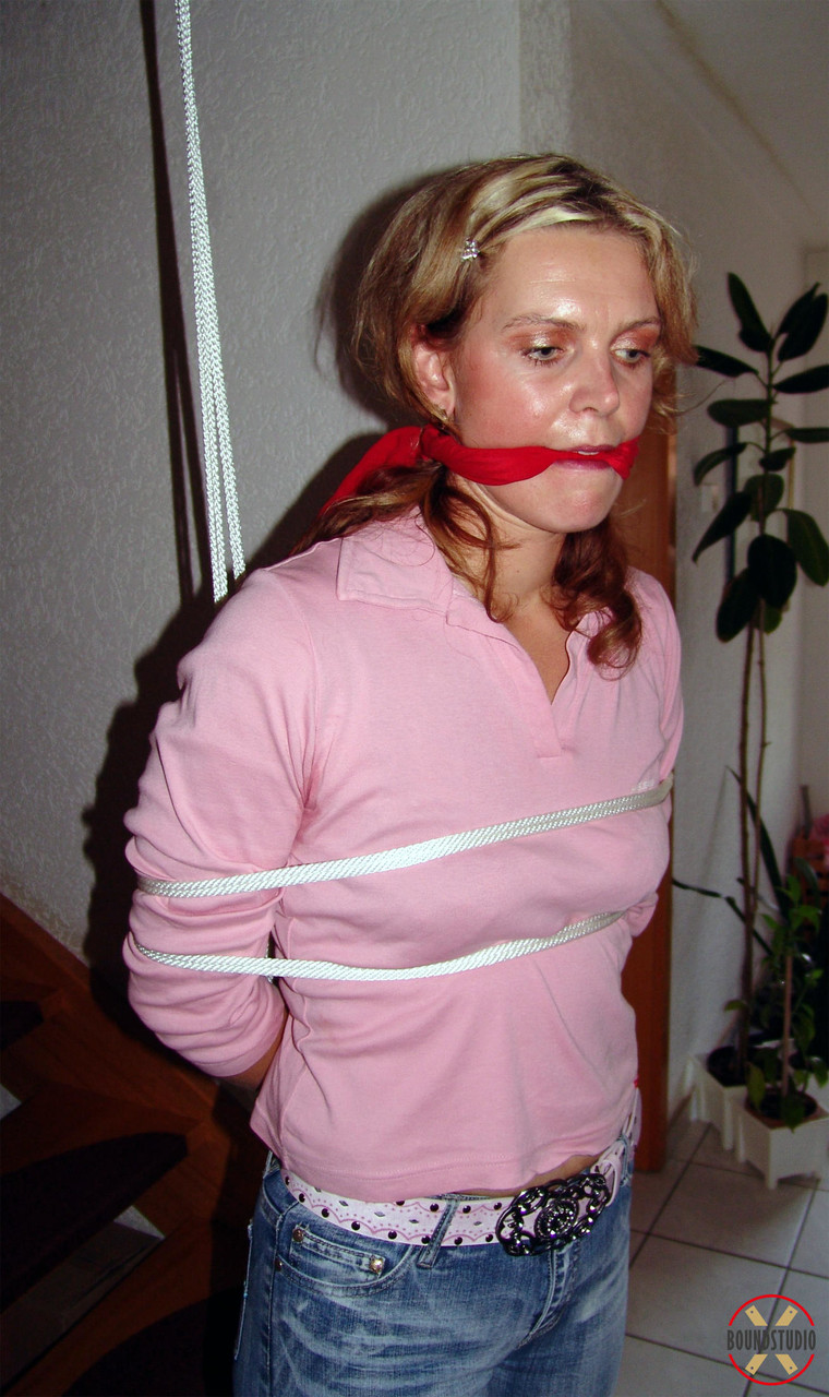 Clothed girl Blonde Lea is cleave gagged while bound with rope porn photo #426536234