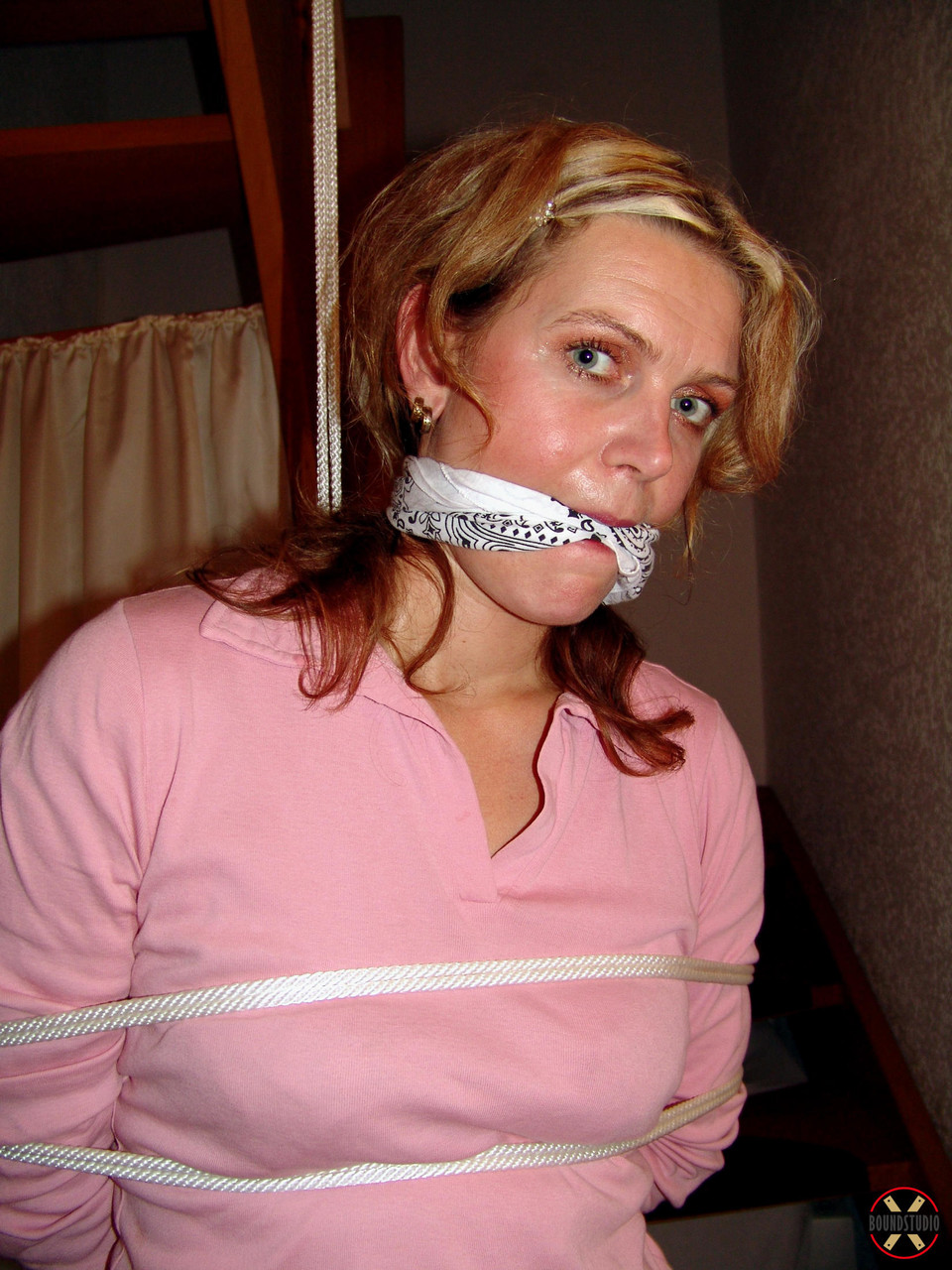 Clothed girl Blonde Lea is cleave gagged while bound with rope foto porno #426536246