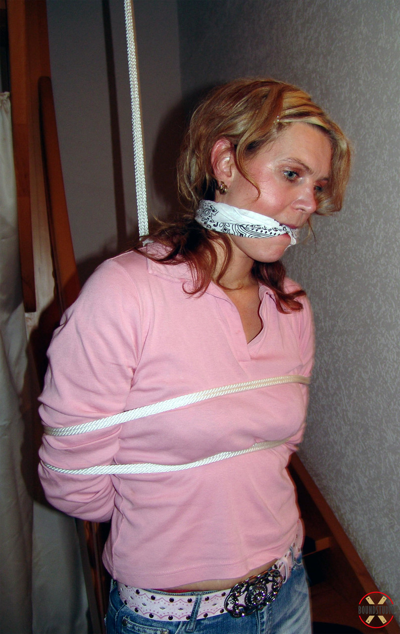 Clothed girl Blonde Lea is cleave gagged while bound with rope porn photo #426536248