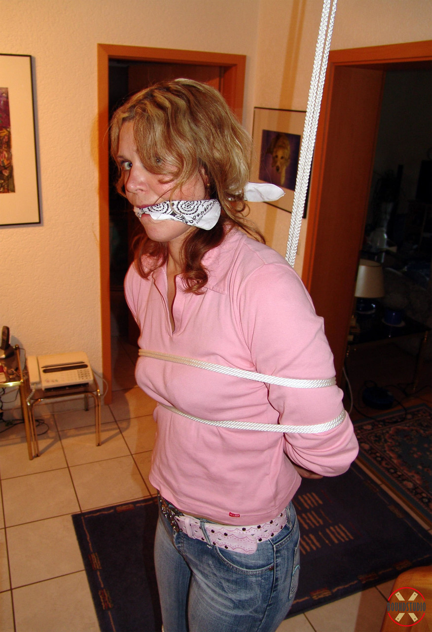 Clothed girl Blonde Lea is cleave gagged while bound with rope porn photo #425564253