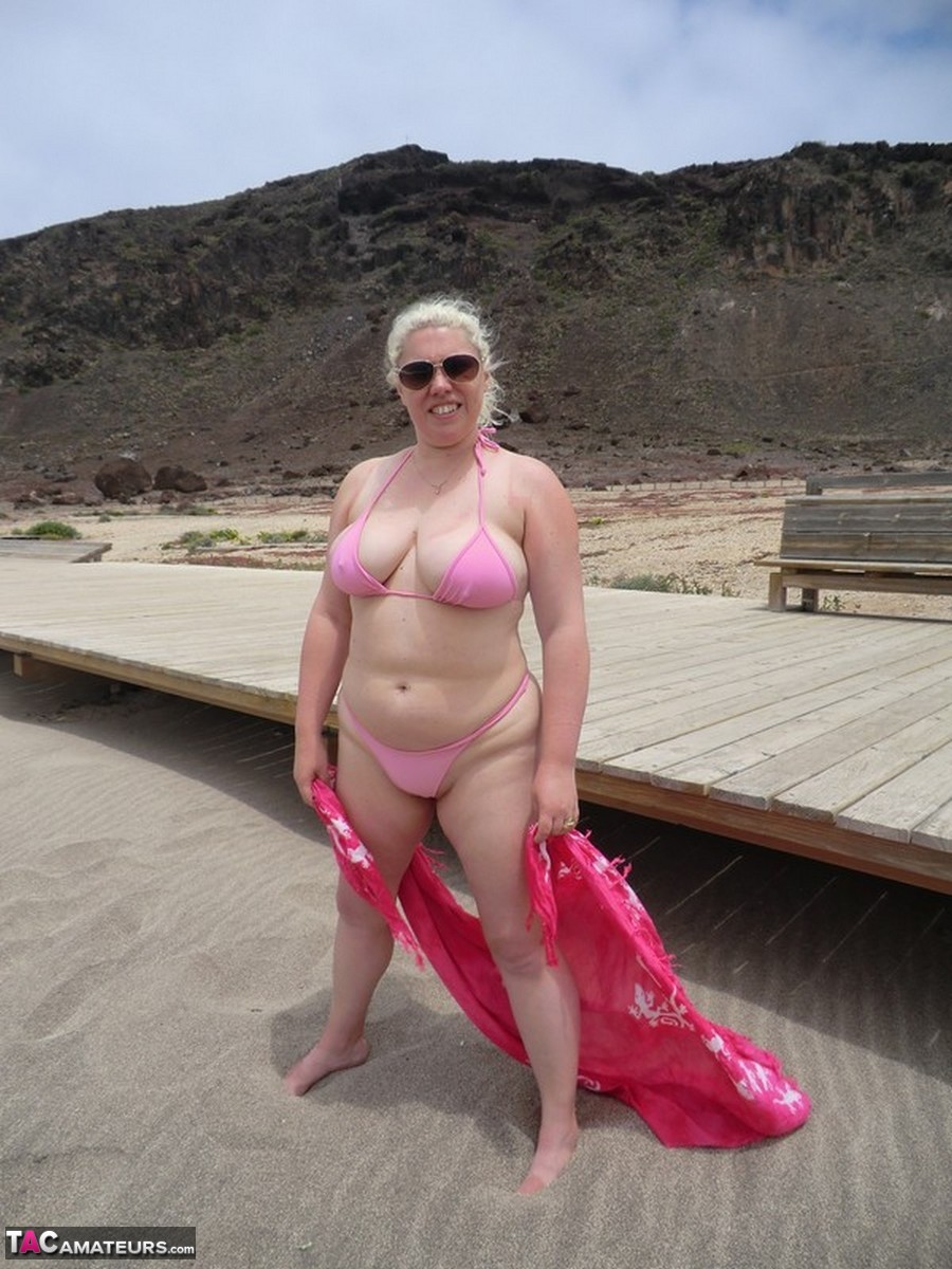 Older platinum blonde Barby exposes her plump body at the seaside photo porno #428586673