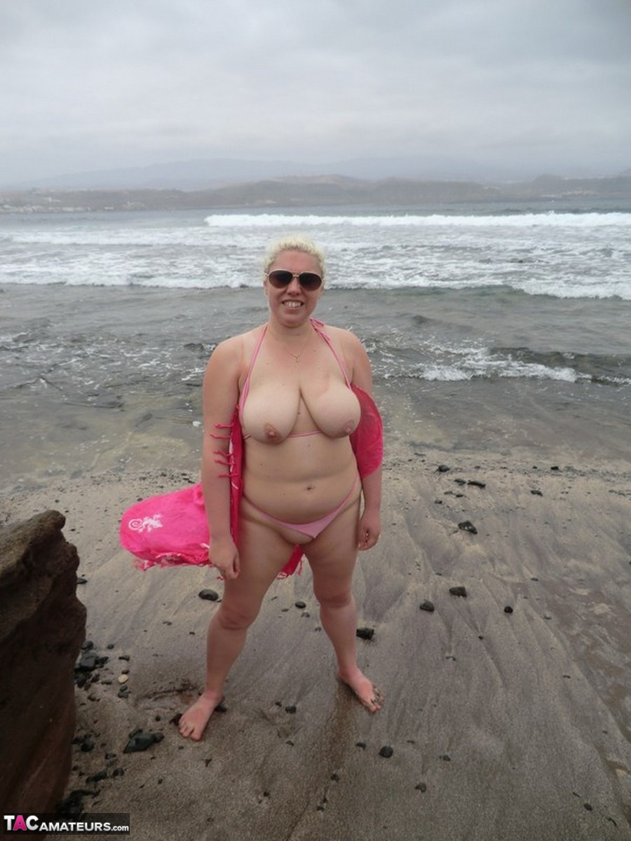 Older platinum blonde Barby exposes her plump body at the seaside photo porno #428586690
