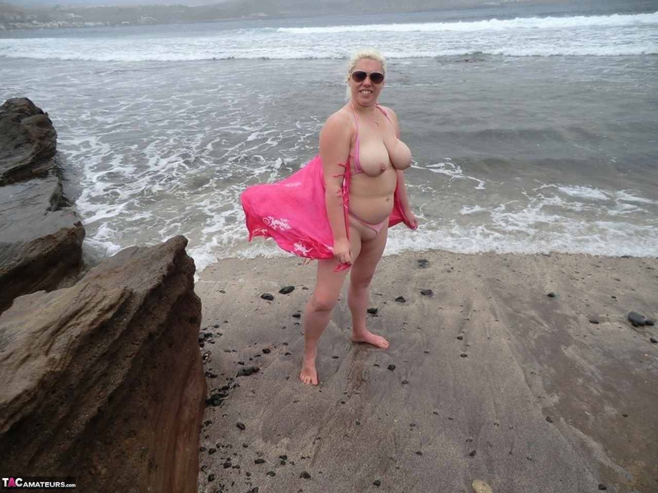 Older platinum blonde Barby exposes her plump body at the seaside photo porno #428586692