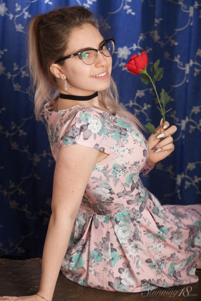 Nerdy 18 year old Liza Loo holds a rose showing her firm breasts in glasses porn photo #423849717