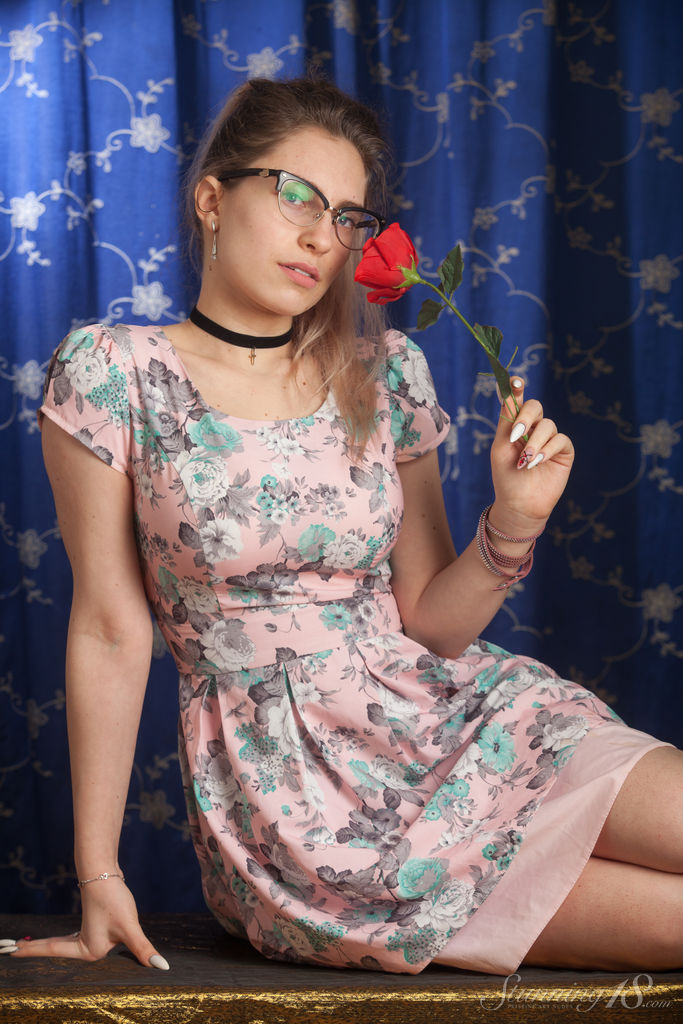 Nerdy 18 year old Liza Loo holds a rose showing her firm breasts in glasses porn photo #423849719
