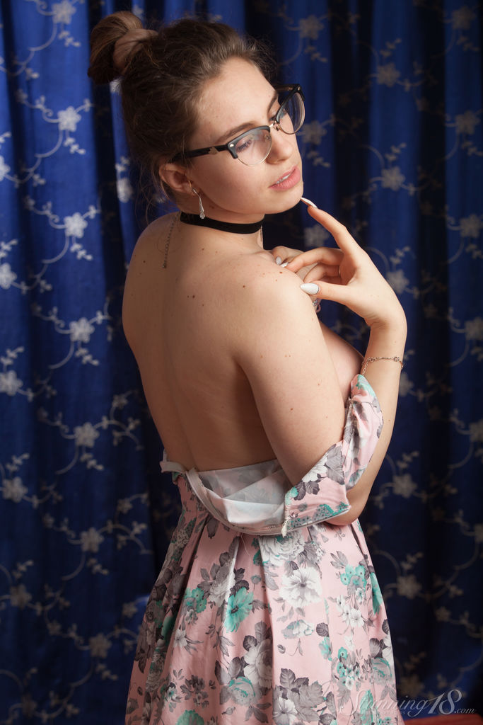 Nerdy 18 year old Liza Loo holds a rose showing her firm breasts in glasses photo porno #423849729
