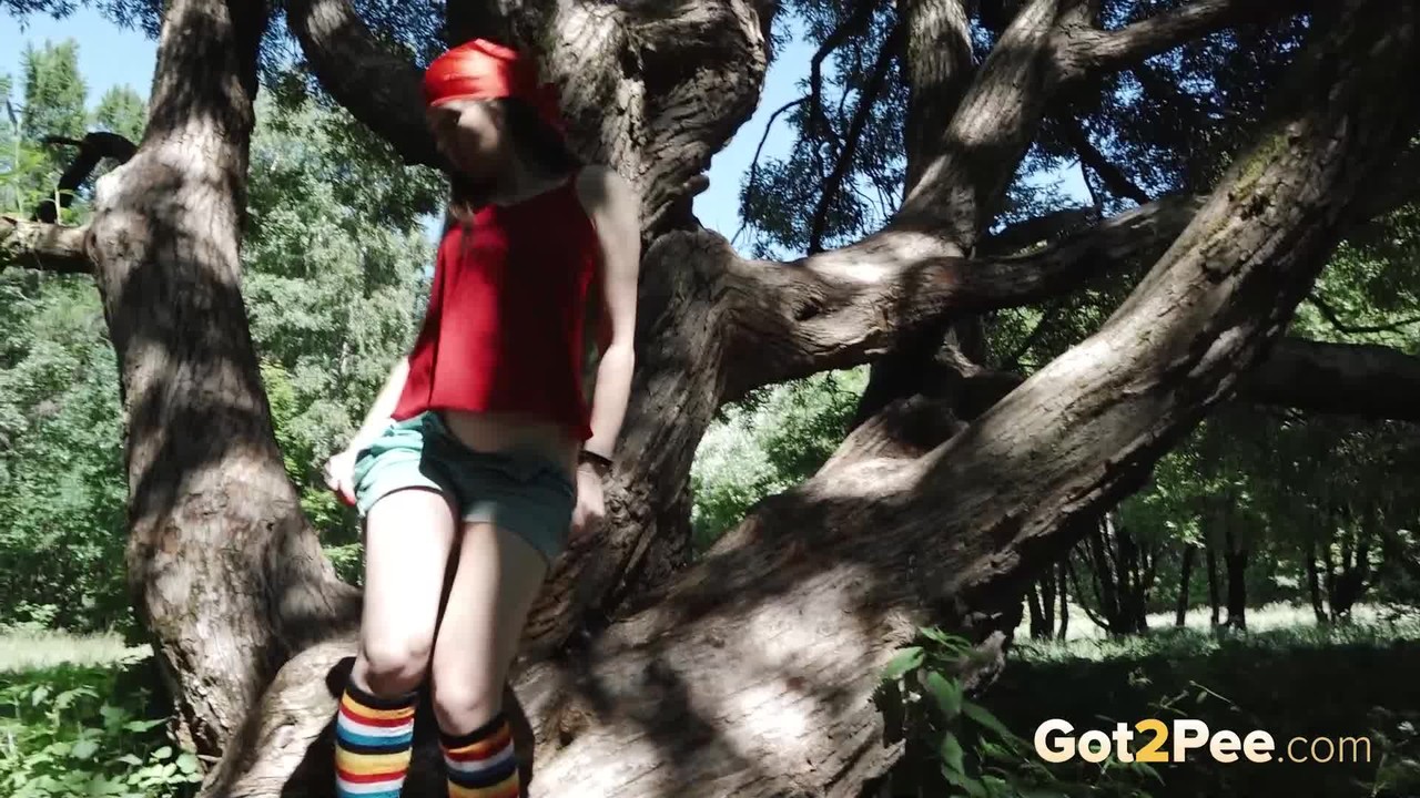 Young blonde Larisa takes a pee behind a tree in multi-coloured knee socks 色情照片 #426396352