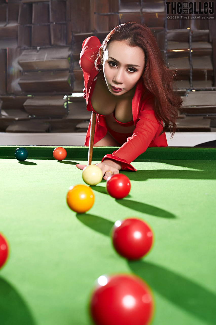 Asian rated Orthia removes red lingerie while on top of a snooker table 포르노 사진 #429139496
