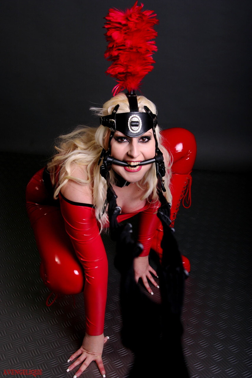 Blonde female models a red latex ponygirl outfit during a non-nude session 포르노 사진 #426096720