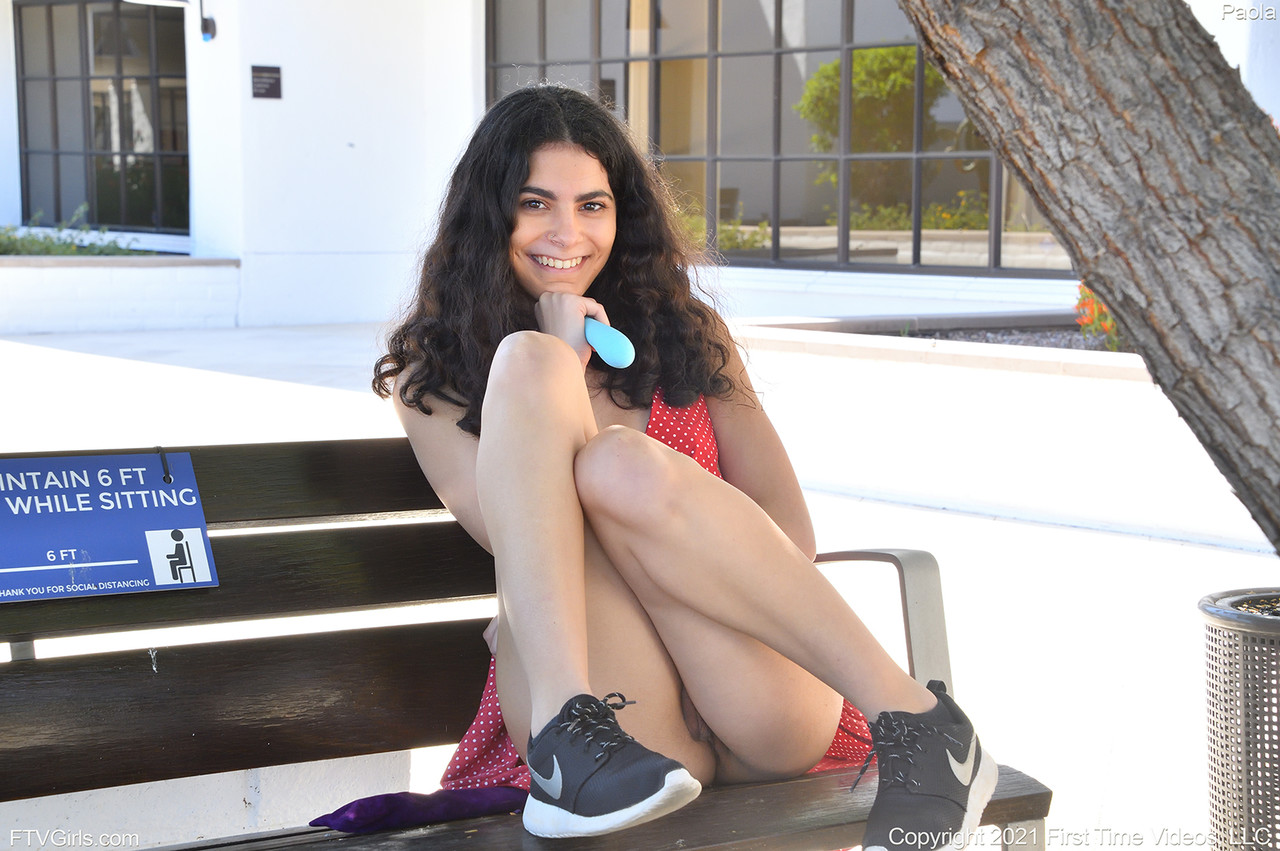 Pretty girl Paola exposes her pussy on a public bench in a dress and sneakers foto porno #427705062