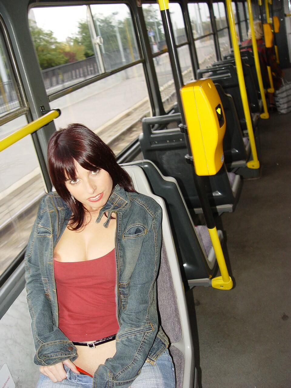 Amateur girl Vivian exposes her tits and thong on public transportation foto porno #426990347
