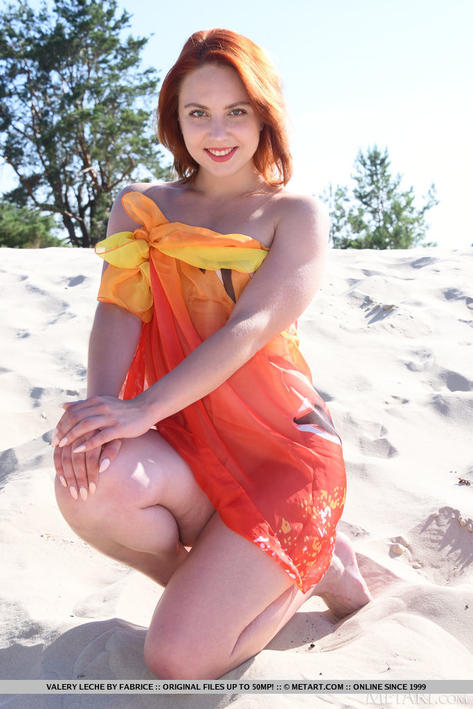 Pale redhead Valery Leche gets totally naked on a towel at the beach foto porno #426693546