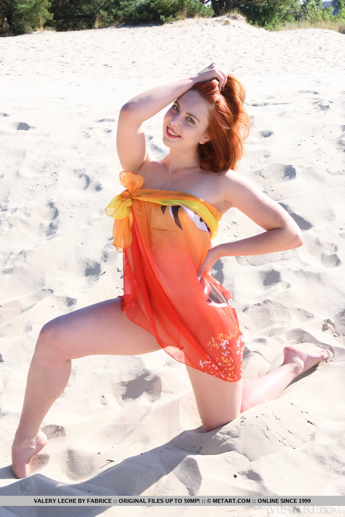 Pale redhead Valery Leche gets totally naked on a towel at the beach ポルノ写真 #426693571
